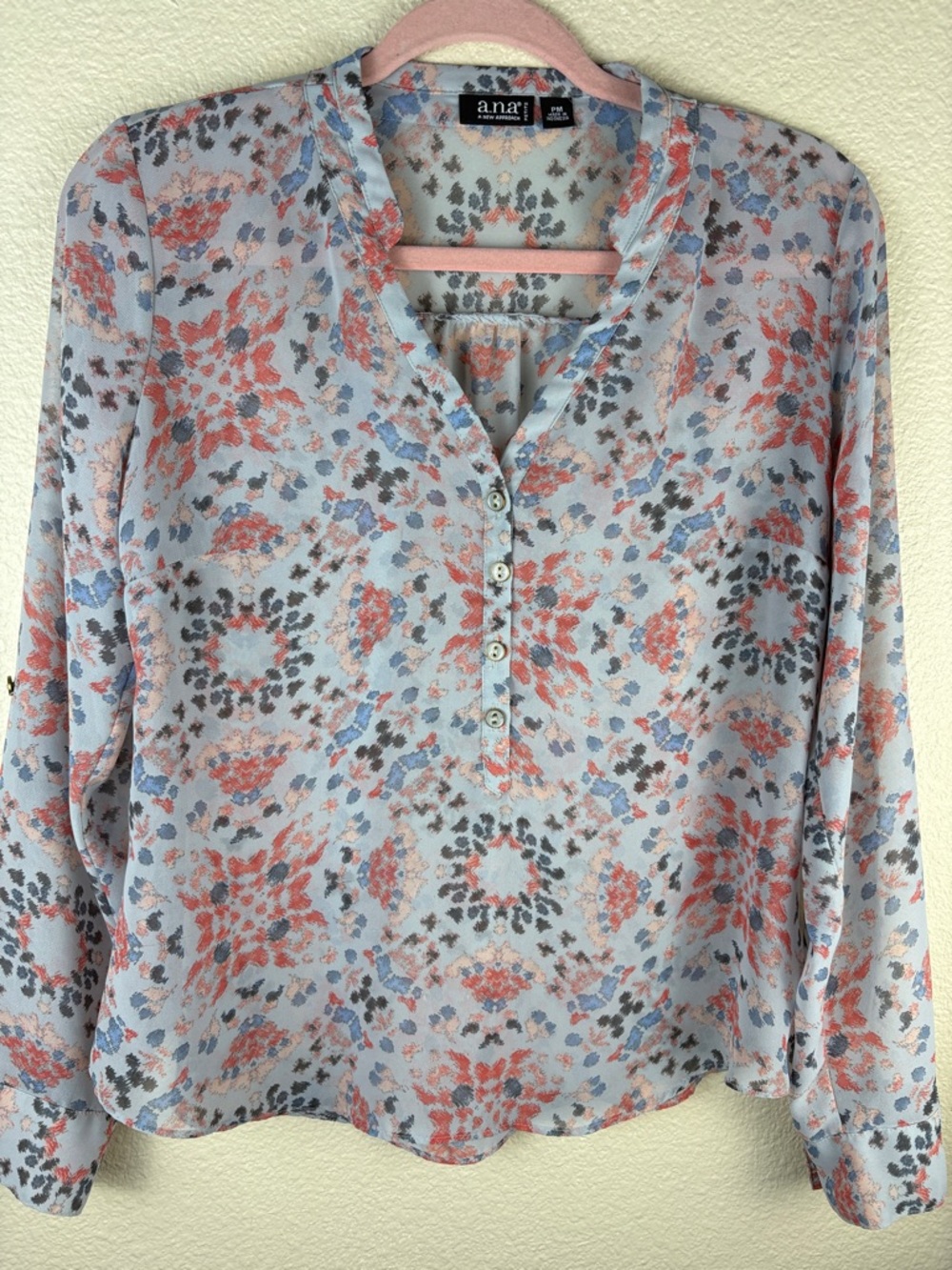 a.n.a Women's Floral Henley Blouse in Coral and Light Blue/Gray Semi Sheer PM